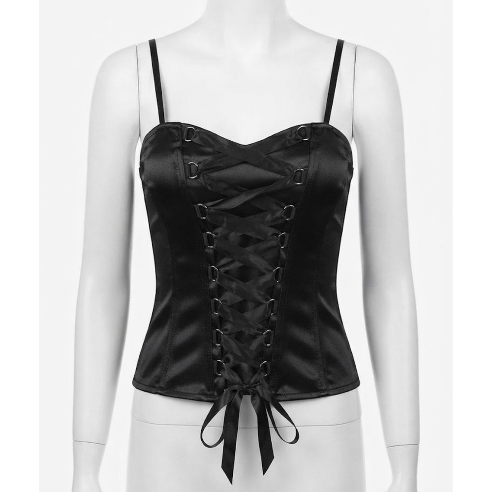 Spirit Black Satin Lace Up Corset Bustier Top Boning Gothic Size Large